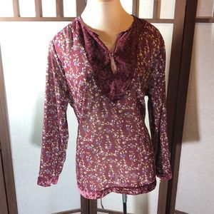 CJ Banks burnout velvety yoke and floral/long sleeves/maroon and purple/tie back